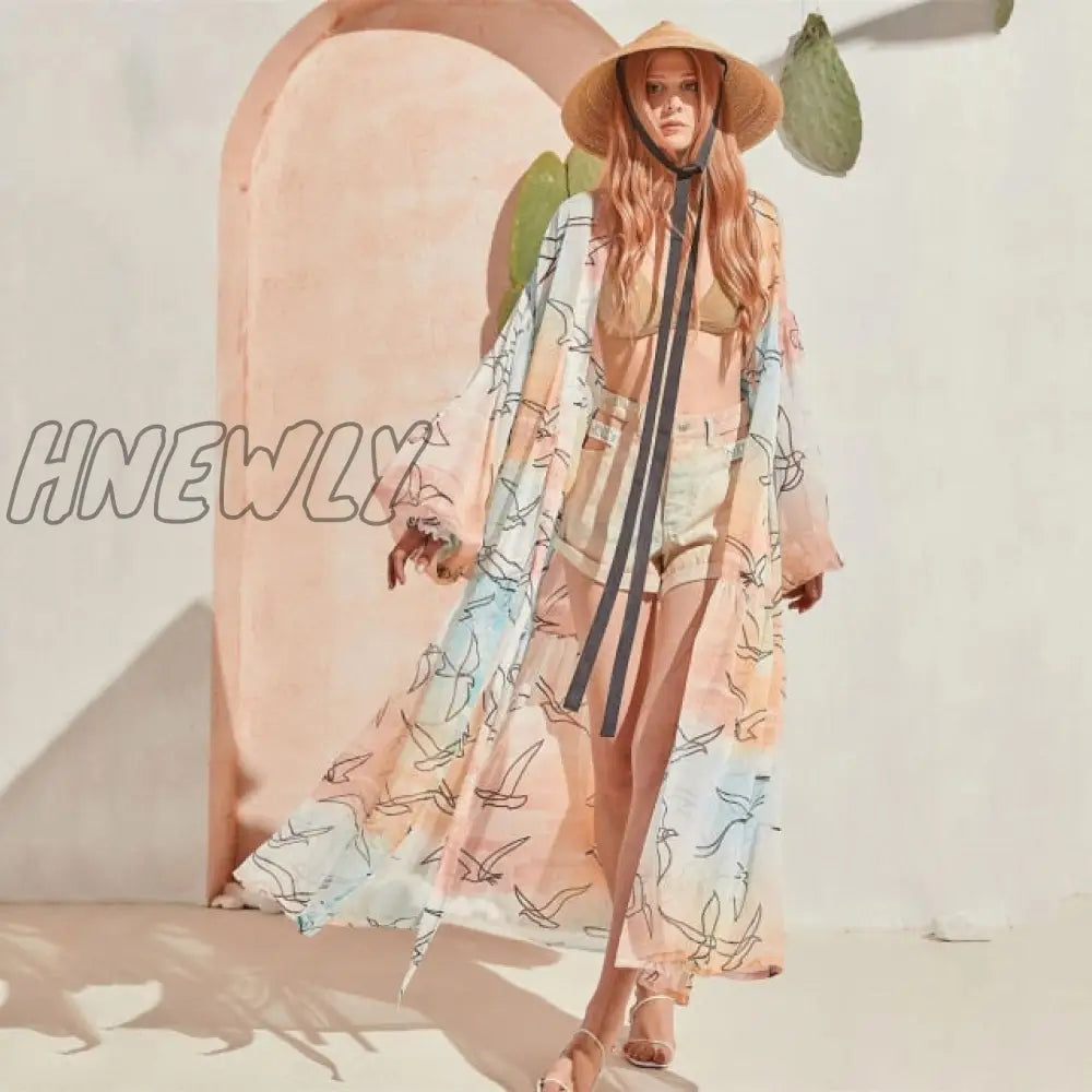 Beach Dress Summer Print Swimwear Women Sexy Cover Up Solid Long Tunic Bubble Sleeve Swimsuit With