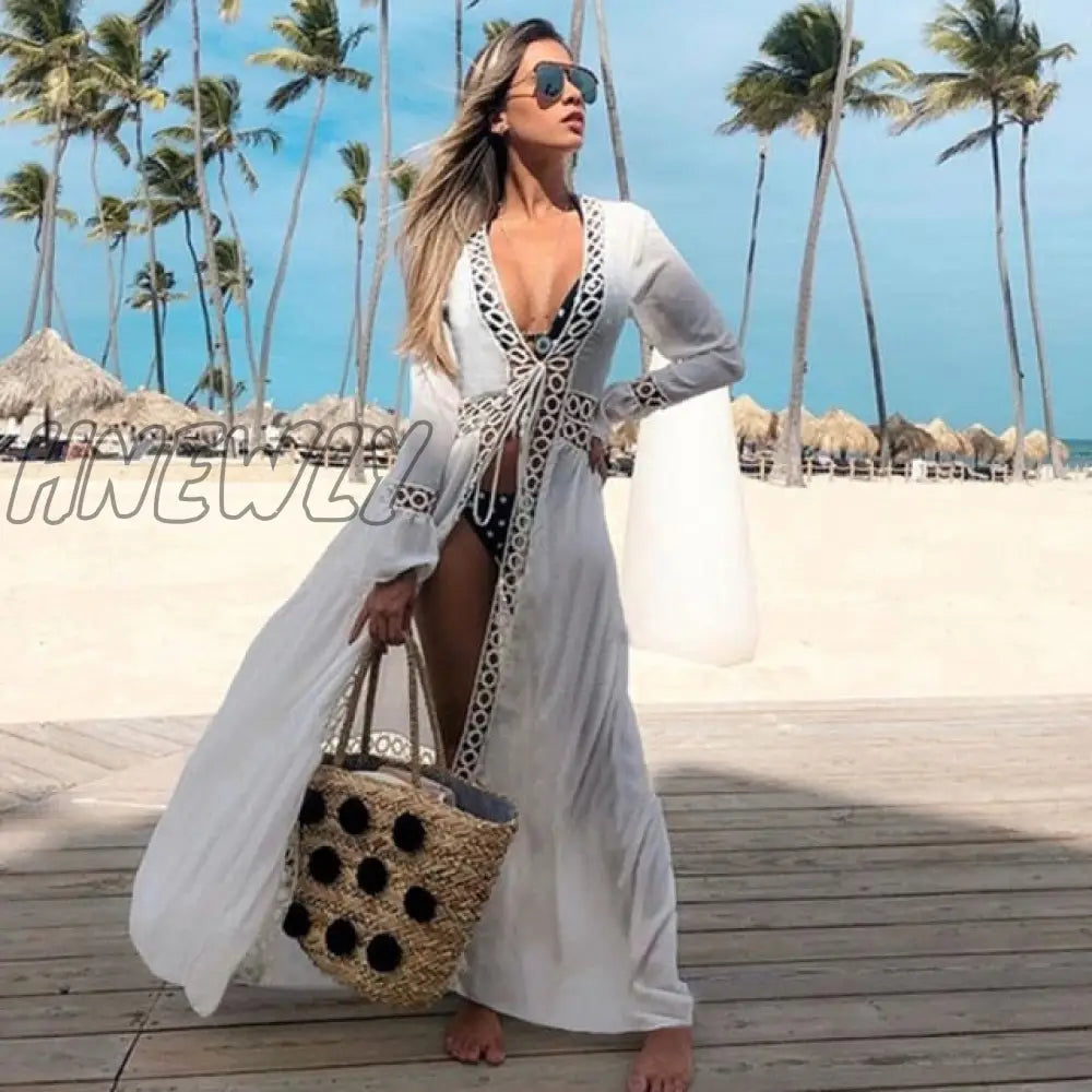 Beach Dress Summer Print Swimwear Women Sexy Cover Up Solid Long Tunic Bubble Sleeve Swimsuit With