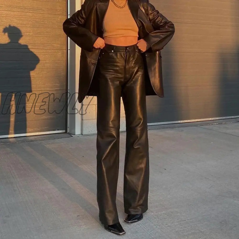 Black Faux Leather Pants Women New Straight Leg Fashion Harajuku Baggy Trouser Casual Elegant High