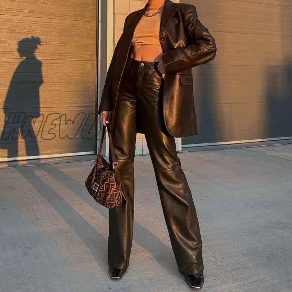 Black Faux Leather Pants Women New Straight Leg Fashion Harajuku Baggy Trouser Casual Elegant High