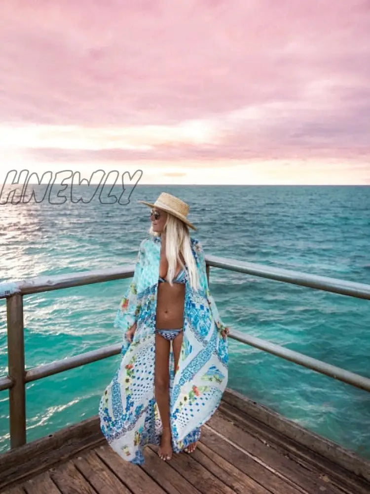 Bohemian Printed Bikini Cover Ups Elegant Self Belted Kimono Dress Tunic Women Plus Size Beach Wear