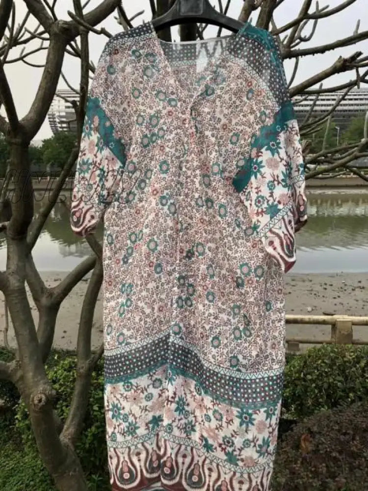 Bohemian Printed Bikini Cover Ups Elegant Self Belted Kimono Dress Tunic Women Plus Size Beach Wear