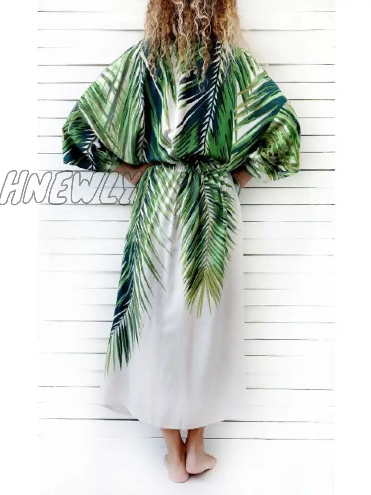 Bohemian Printed Bikini Cover Ups Elegant Self Belted Kimono Dress Tunic Women Plus Size Beach Wear