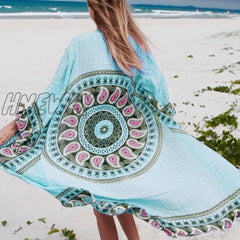 Bohemian Printed Bikini Cover Ups Elegant Self Belted Kimono Dress Tunic Women Plus Size Beach Wear