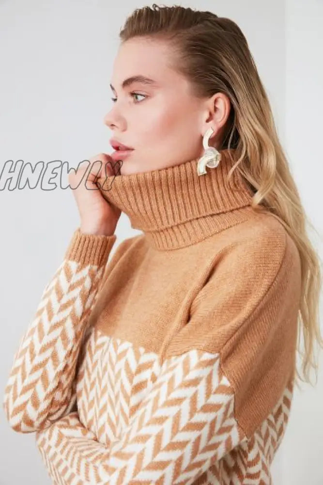 Camel Herringbone Pattern Knitwear Sweater Twoaw20Kz0535 Quality 78 Acrylic 22 Polyester