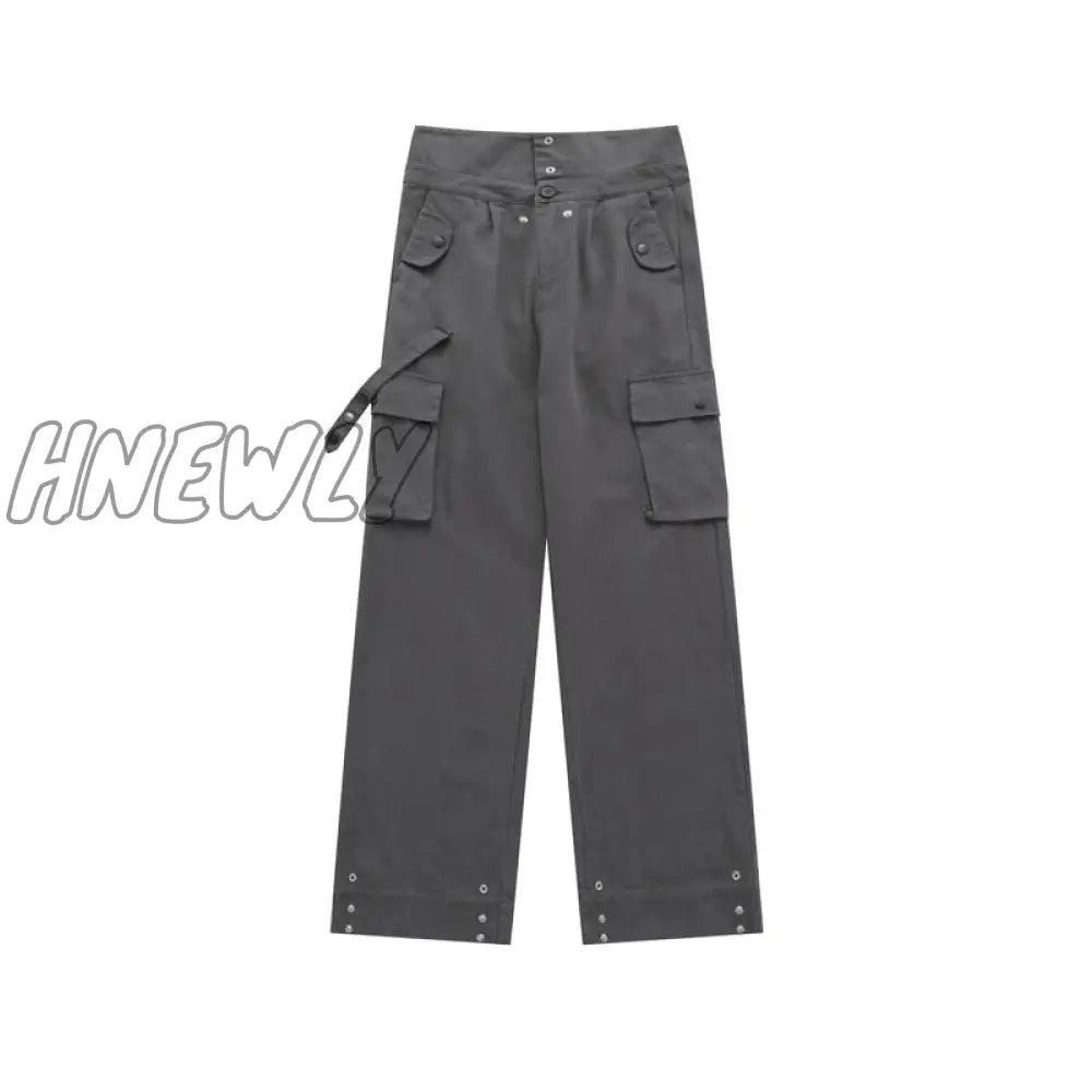 Cargo Pants Women Clamshell Waist Retro Straight Leg Casual Pant High Multi-Pocket Breasted Wide