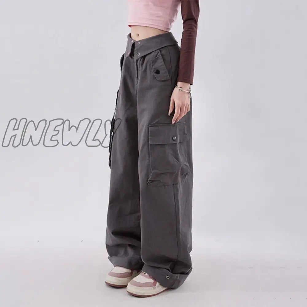 Cargo Pants Women Clamshell Waist Retro Straight Leg Casual Pant High Multi-Pocket Breasted Wide