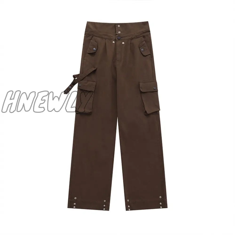 Cargo Pants Women Clamshell Waist Retro Straight Leg Casual Pant High Multi-Pocket Breasted Wide