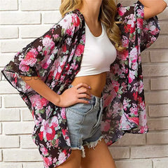 Casual Leaves Print Chiffon Kaftan Beach Cover Up Cardigan Shawl Swimwear Women Summer Swimsuit