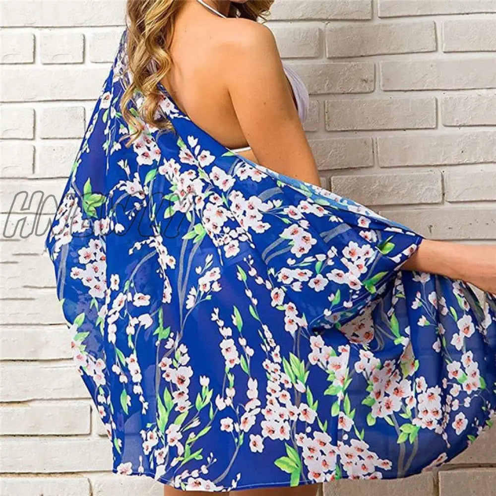 Casual Leaves Print Chiffon Kaftan Beach Cover Up Cardigan Shawl Swimwear Women Summer Swimsuit