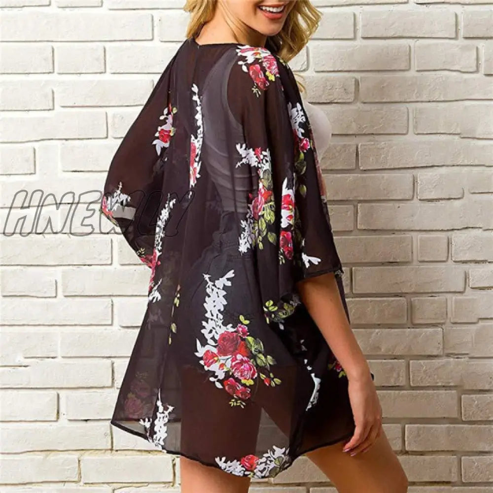 Casual Leaves Print Chiffon Kaftan Beach Cover Up Cardigan Shawl Swimwear Women Summer Swimsuit