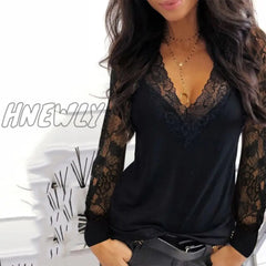 Casual V - Neck Lace Long Sleeve T - Shirt For Women Spring Winter Clothes Y2K Sexy Solid Color