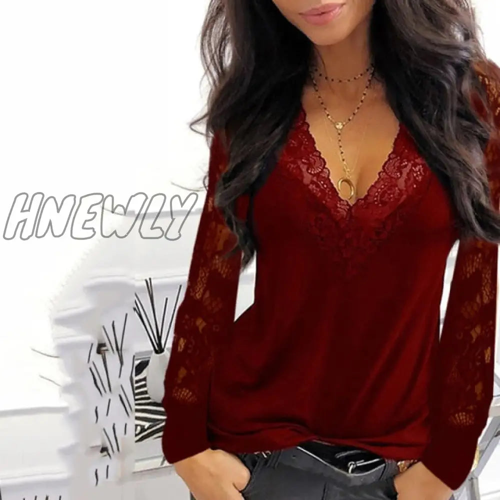 Casual V - Neck Lace Long Sleeve T - Shirt For Women Spring Winter Clothes Y2K Sexy Solid Color