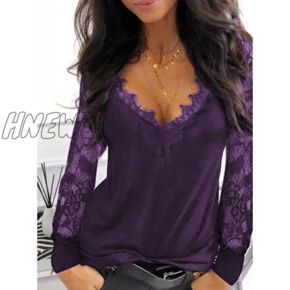 Casual V - Neck Lace Long Sleeve T - Shirt For Women Spring Winter Clothes Y2K Sexy Solid Color