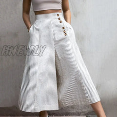 Celmia Fashion Women High Waist Striped Pants Autumn Vintage Wide Leg Trousers Casual Buttons Loose