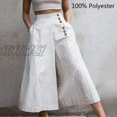 Celmia Fashion Women High Waist Striped Pants Autumn Vintage Wide Leg Trousers Casual Buttons Loose