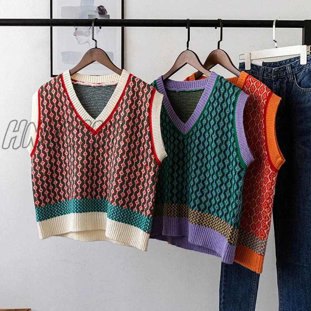 Chic Vintage Argyle Sweater Vest For Women Autumn Winter Pullover Knitted Sleeveless Jecket Gilet