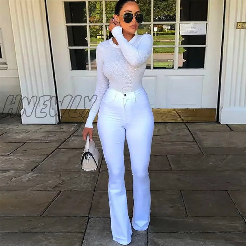 Cotton White High Waist Casual Flared Jeans Women Spring New Slim Slimming Denim Trousers Office