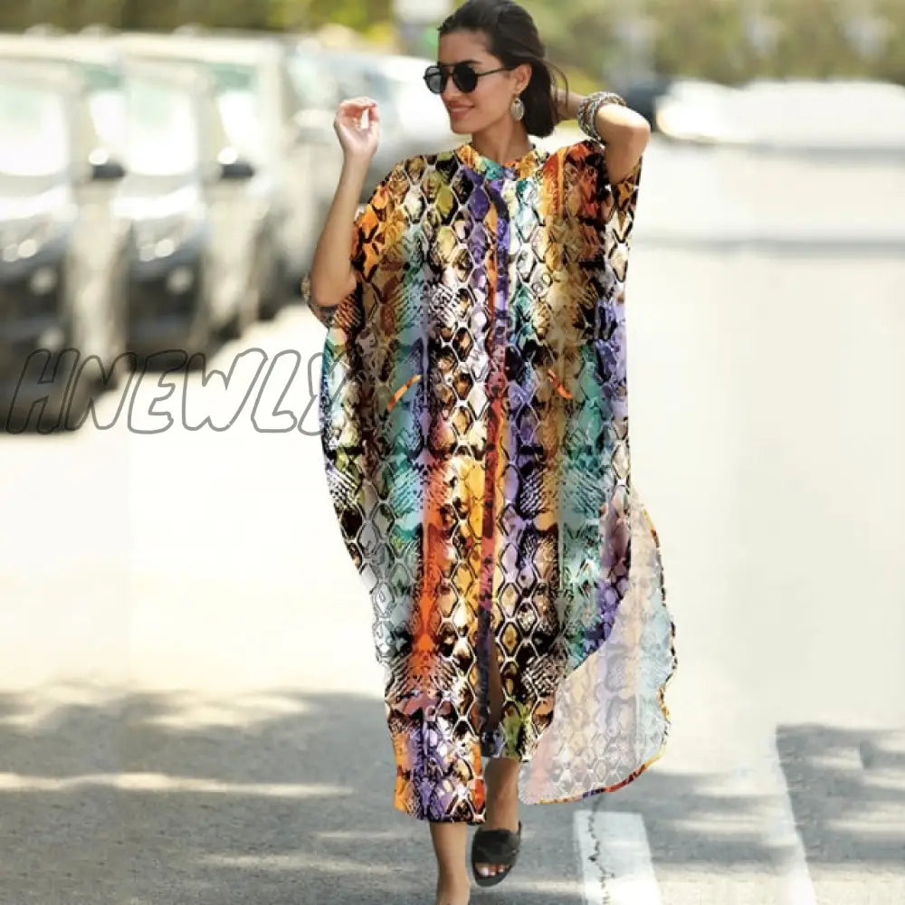 Cover - Ups Kaftan Beach Print Snakeskin Swimsuit Cover Up Kimono Plage Robe Femme Long Dress