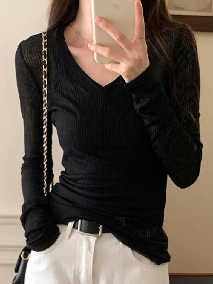 pantsparadises Ribbed V Neck Slim Long Sleeve Knit