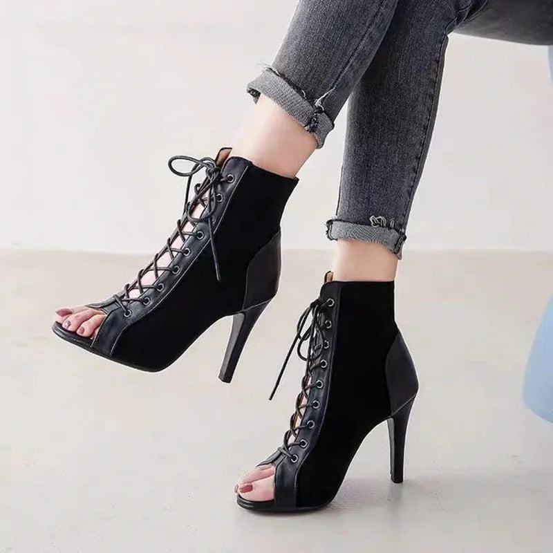 Lace-Up Sandals Heels 9CM Women's Shoes Summer Trend Black Sexy Peep Toe Boots Fashion Cloth Stilettos Jazz Dance Female