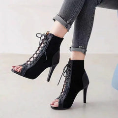 Lace-Up Sandals Heels 9CM Women's Shoes Summer Trend Black Sexy Peep Toe Boots Fashion Cloth Stilettos Jazz Dance Female