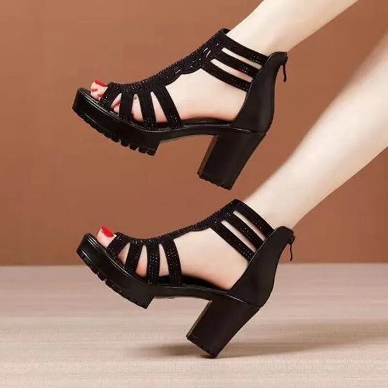 pantsparadises High Heels Gladiator Sandals Woman Open Head Sexy Black Rivet Block Heel Platform Shoes Summer Back Zip Size 35-40 Women Sandals