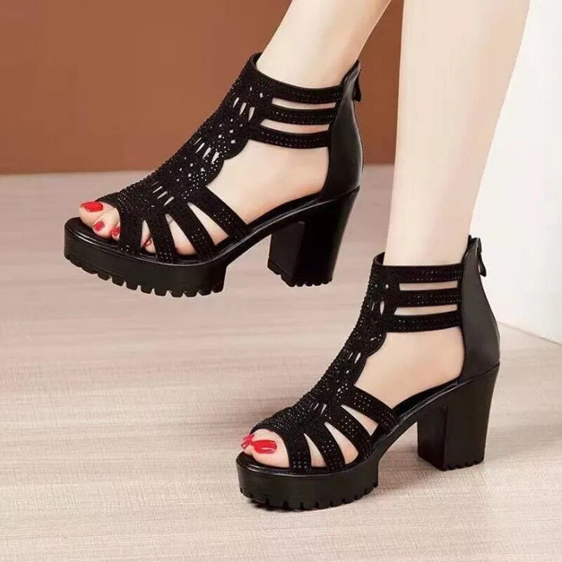 pantsparadises High Heels Gladiator Sandals Woman Open Head Sexy Black Rivet Block Heel Platform Shoes Summer Back Zip Size 35-40 Women Sandals