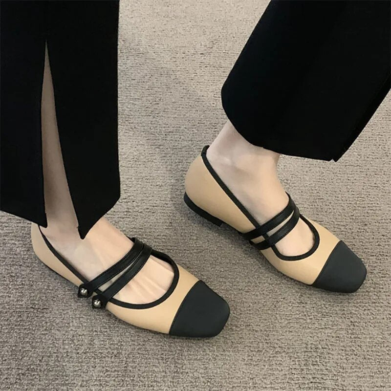 pantsparadises New Women's Flats Patchwork Double Buckle Mary Janes Shoes Black Toe Leather Shoes For Female Spring Autumn Zapatos Mujer