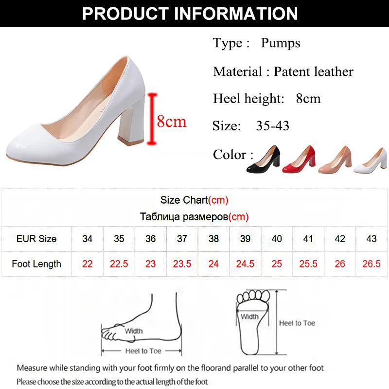 pantsparadises New Women's Square Heels Office Shoes Patent Leather High Heel Pumps Women Round Toe Slip-On Autumn Shoes for Female