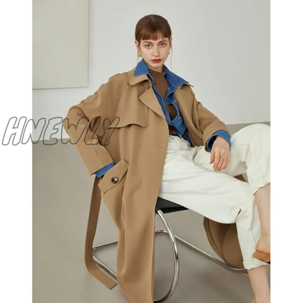 Fansilanen Khaki Women Trench Coat Autumn Winter Turn Down Collar Brown Blue Causal Full Sleeve