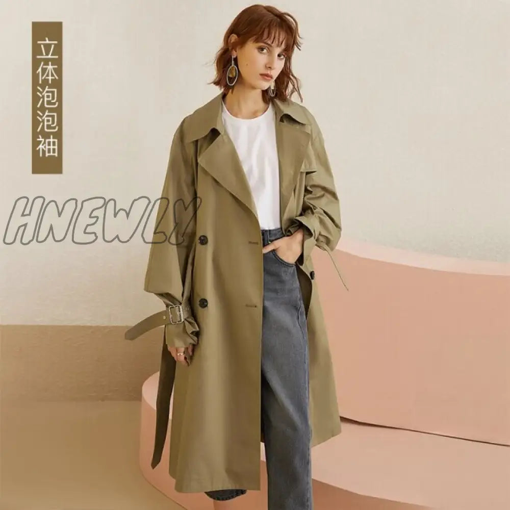 Fansilanen Khaki Women Trench Coat Autumn Winter Turn Down Collar Brown Blue Causal Full Sleeve