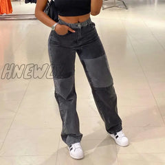 Fashion Patchwork Skinny Straight Jeans Women High Waist Pocket Sexy Color Block Street Long Grey