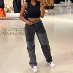 Fashion Patchwork Skinny Straight Jeans Women High Waist Pocket Sexy Color Block Street Long Grey