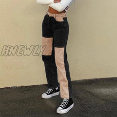 Fashion Patchwork Skinny Straight Jeans Women High Waist Pocket Sexy Color Block Street Long Grey