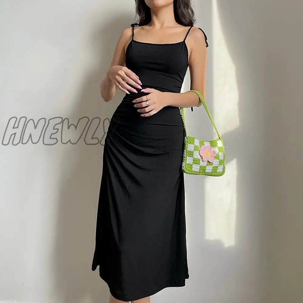 Fashion Strappy Ruched Sexy Black Dress Irregular Elegant Backless Long Party Summer Dresses Women