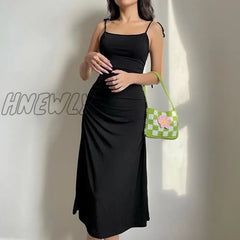 Fashion Strappy Ruched Sexy Black Dress Irregular Elegant Backless Long Party Summer Dresses Women