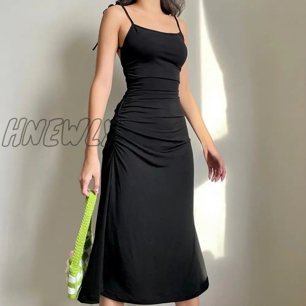 Fashion Strappy Ruched Sexy Black Dress Irregular Elegant Backless Long Party Summer Dresses Women