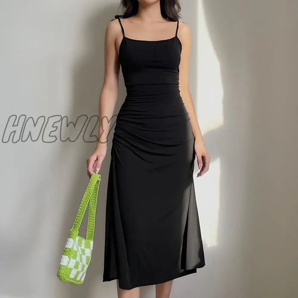 Fashion Strappy Ruched Sexy Black Dress Irregular Elegant Backless Long Party Summer Dresses Women