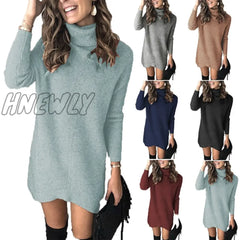 Fashion Turtleneck Long Sleeve Sweater Dress Women Autumn Winter Loose Tunic Knitted Casual Pink