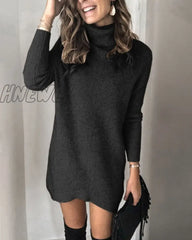 Fashion Turtleneck Long Sleeve Sweater Dress Women Autumn Winter Loose Tunic Knitted Casual Pink