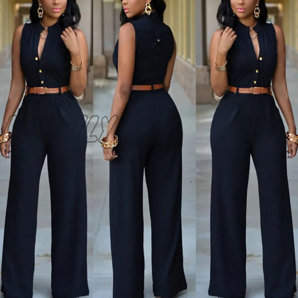 Formal Jumpsuit Wide Leg Pant Women Office Solid Color Sleeveless Belt Shirt Basic V Neck Single