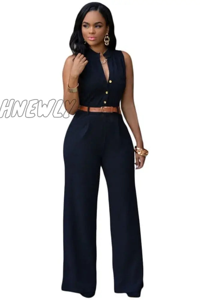 Formal Jumpsuit Wide Leg Pant Women Office Solid Color Sleeveless Belt Shirt Basic V Neck Single