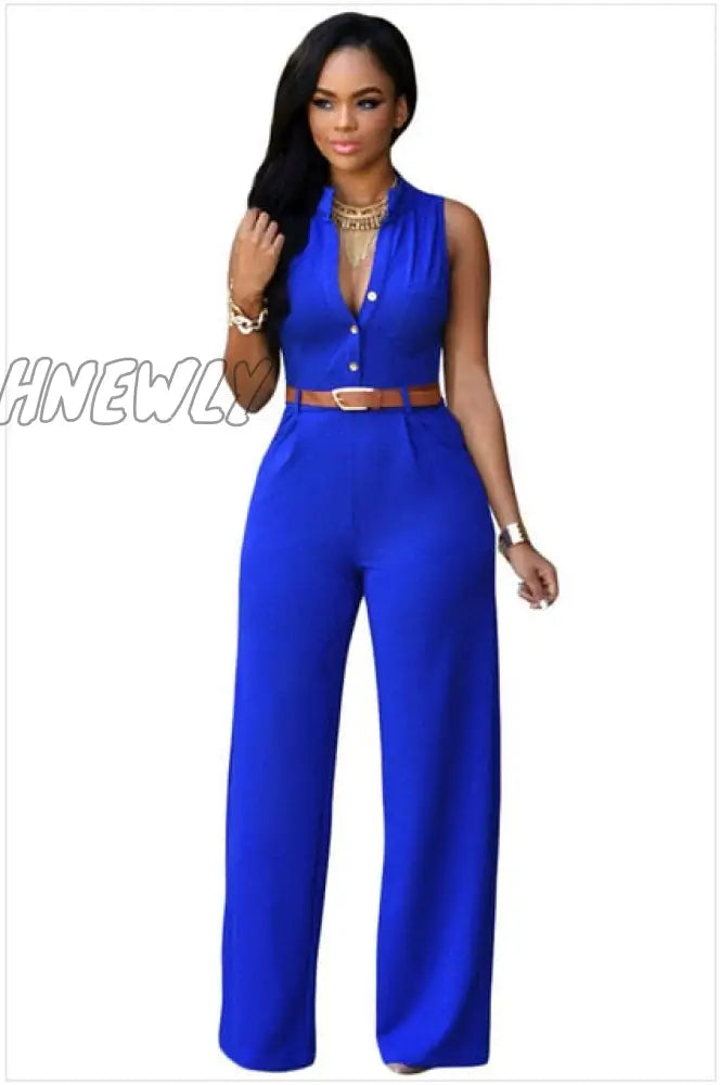 Formal Jumpsuit Wide Leg Pant Women Office Solid Color Sleeveless Belt Shirt Basic V Neck Single