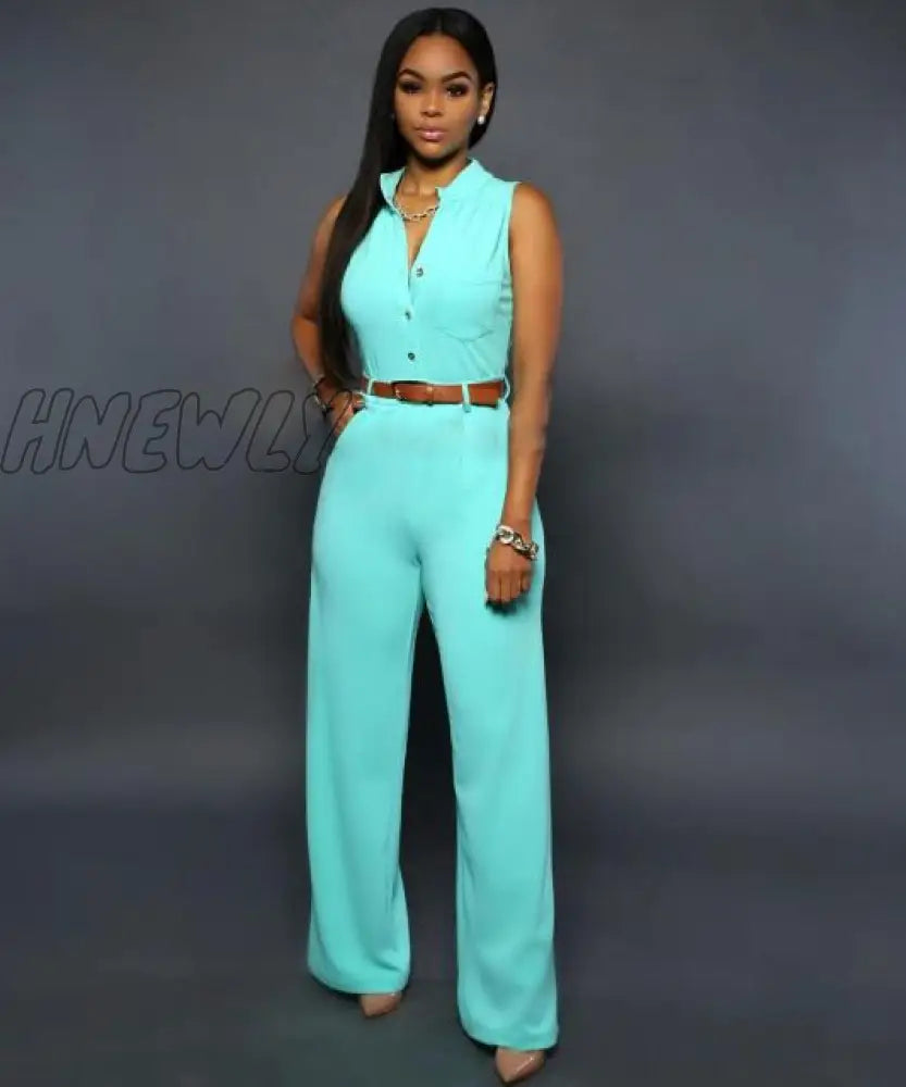 Formal Jumpsuit Wide Leg Pant Women Office Solid Color Sleeveless Belt Shirt Basic V Neck Single