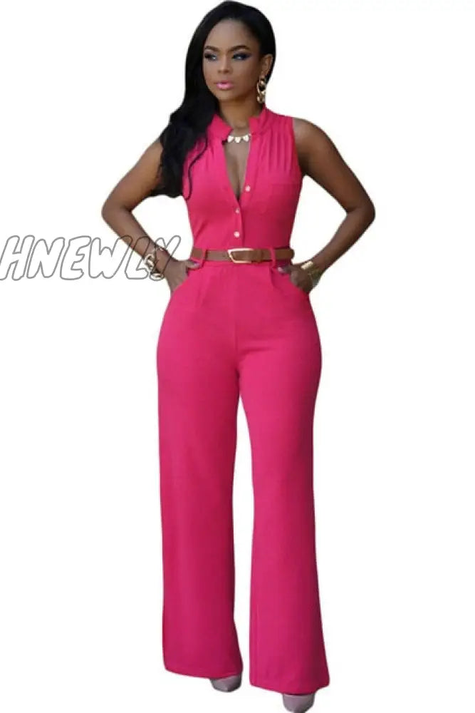 Formal Jumpsuit Wide Leg Pant Women Office Solid Color Sleeveless Belt Shirt Basic V Neck Single