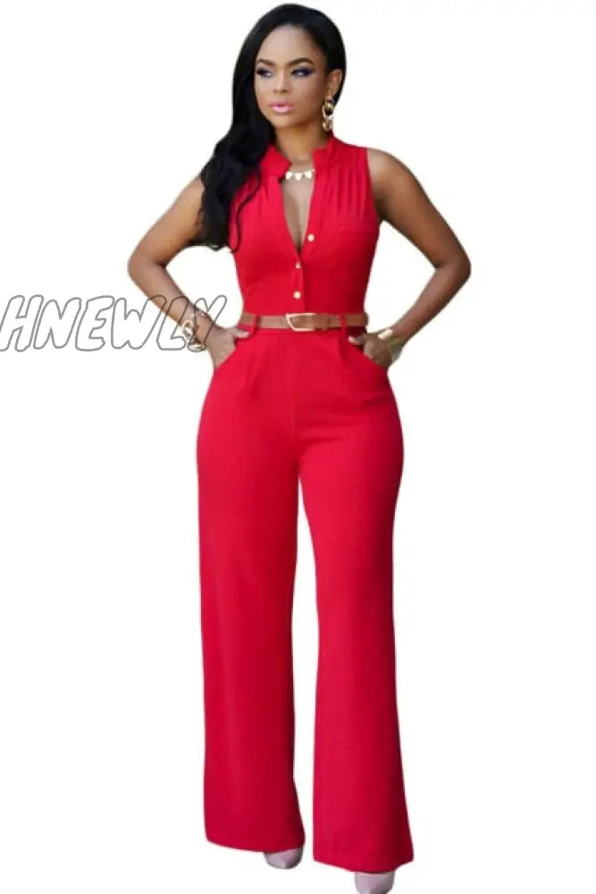 Formal Jumpsuit Wide Leg Pant Women Office Solid Color Sleeveless Belt Shirt Basic V Neck Single