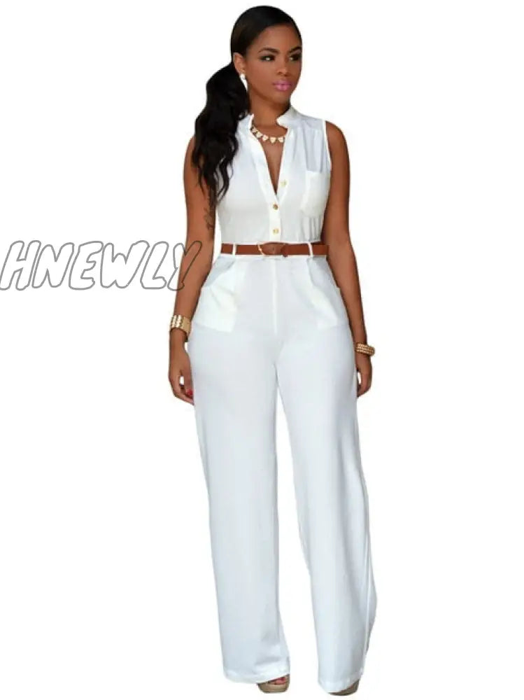 Formal Jumpsuit Wide Leg Pant Women Office Solid Color Sleeveless Belt Shirt Basic V Neck Single