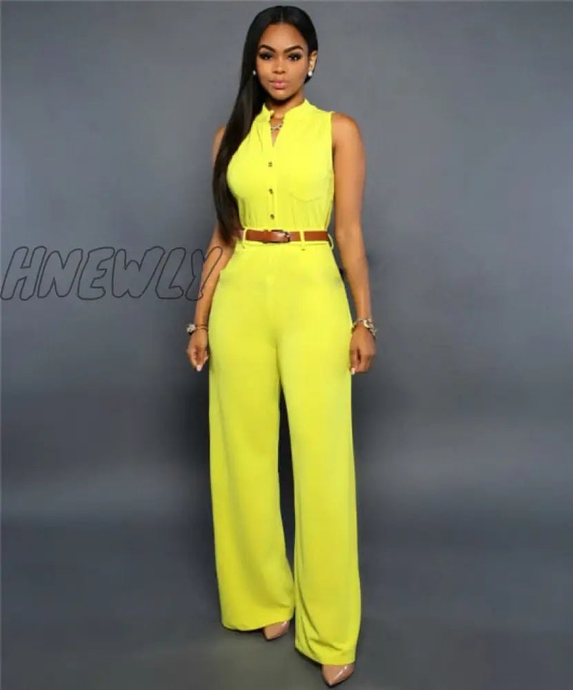 Formal Jumpsuit Wide Leg Pant Women Office Solid Color Sleeveless Belt Shirt Basic V Neck Single