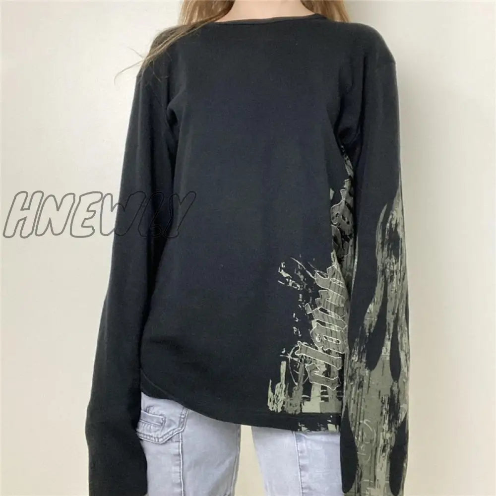 Gothic Tops Y2K 2000S Aesthetic Women Letter Print Round Neck Long Sleeve T Shirt Dark Academia